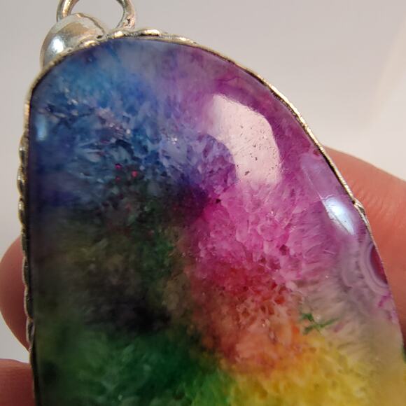Handmade Fluorite Gemstone Pendant in Sterling Silver Colorful Statement Jewelry - Picture 8 of 10